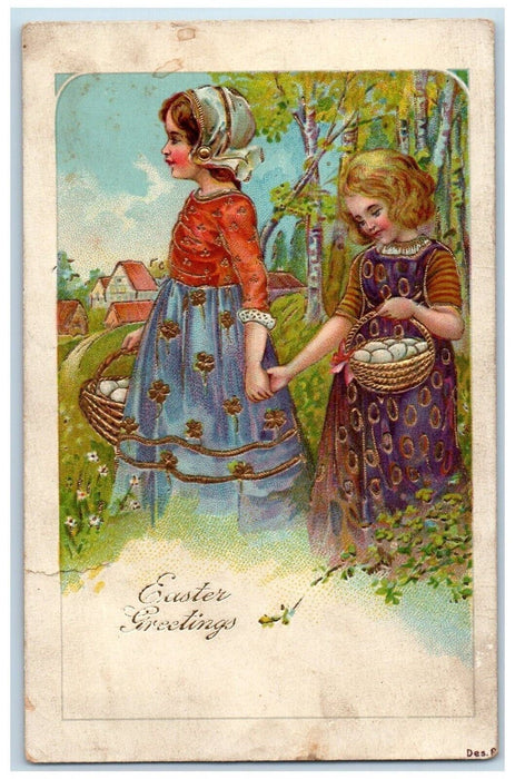 1908 Easter Greetings Girls Collecting Eggs In Basket Posted Antique Postcard