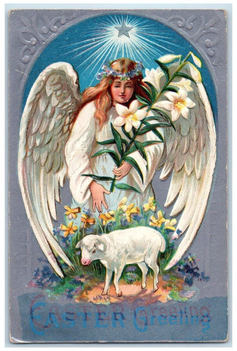 c1910's Easter Greeting Holly Angel Sheep White Lily Flowers Antique Postcard
