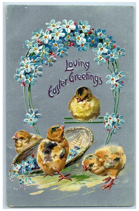 c1910's Easter Greetings Pansies Flowers Chicks Embossed Tuck's Antique Postcard
