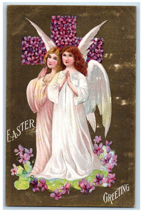 c1910's Easter Greeting Holly Cross Angels Embossed Unposted Antique Postcard