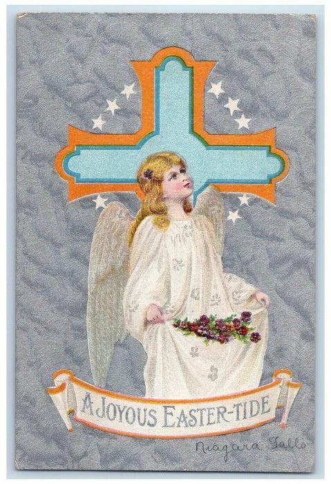 c1910's Easter Cross Holly Angel Flowers Embossed Unposted Antique Postcard