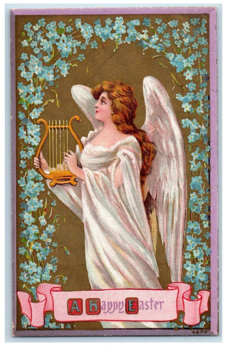 c1910's Easter Holly Angel Lyre Pansies Flowers Embossed Antique Postcard