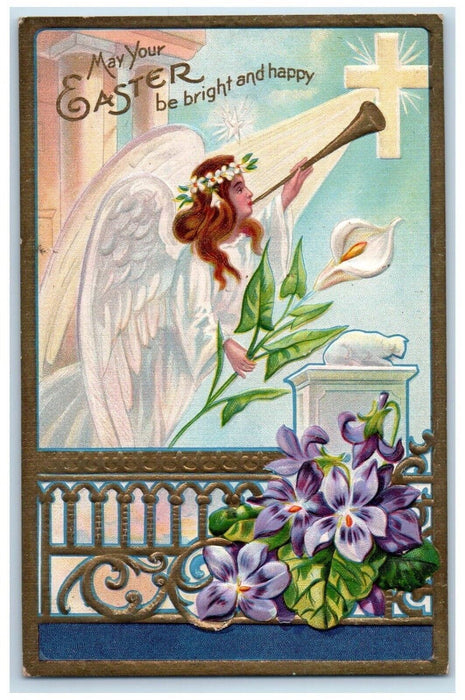 c1910's Easter Holly Angel Flute Flowers Winsch Back Embossed Antique Postcard