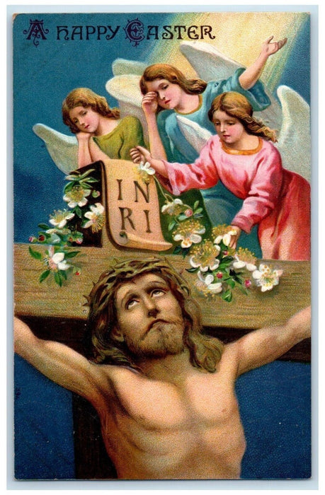 c1910's Easter Jesus Inri Crucifixion Angels Flowers Embossed Antique Postcard