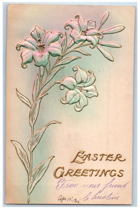 1906 Easter Greetings Lily Flowers Embossed Buffalo New York NY Antique Postcard