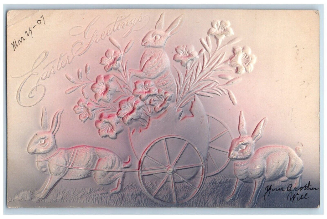 1907 Easter Greetings Rabbit Pulling Cart Hatched Egg Flower Airbrushed Postcard