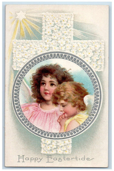 c1910's Happy Easter Holly Cross White Flowers Angels Embossed Antique Postcard