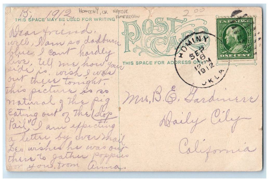 1912 Native American Wah-Pah-Sho-Sah at Home Hominy Oklahoma OK Postcard