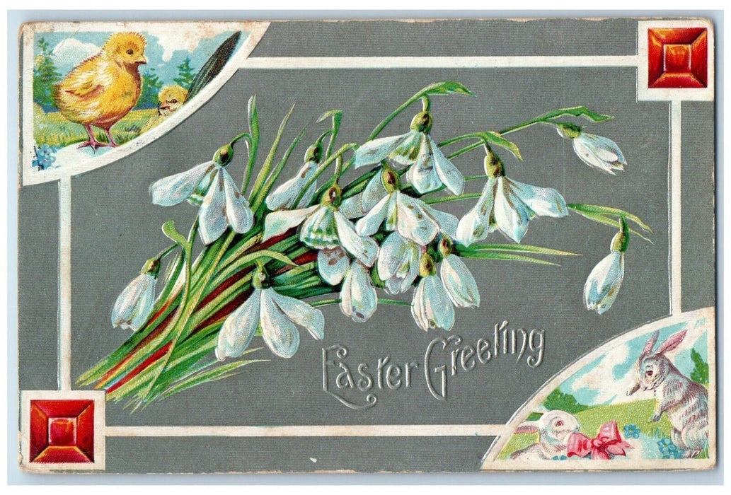 1910 Easter Greeting Chick Rabbit Flowers Winsch Back Baltimore MD Postcard