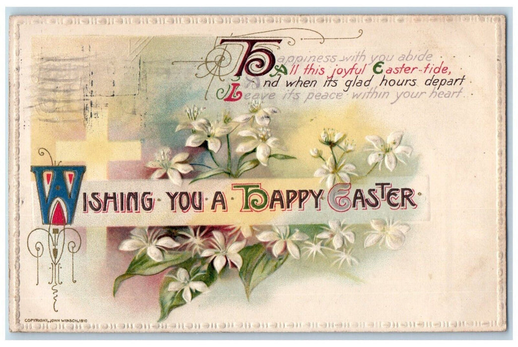 1911 Happy Easter White Flowers John Wisnch Artist Signed Buffalo NY Postcard