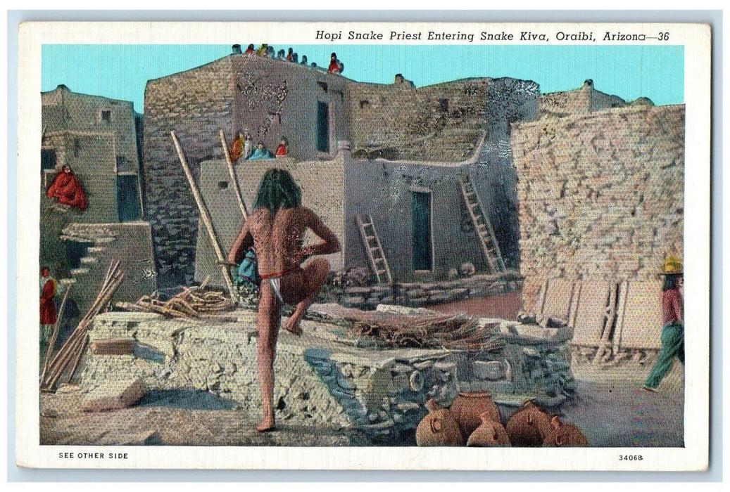 c1930's Hopi Snake Priest Entering Snake Kiva Oraibi Arizona AZ Postcard