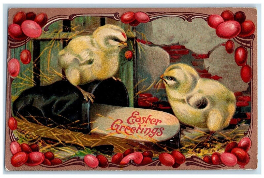 1912 Easter Greetings Eggs Chicks Sandal Lady Bug Rochester NY Antique Postcard