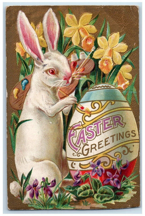 1909 Easter Greetings Anthropomorphic Rabbit Painter Egg Flowers Posted Postcard