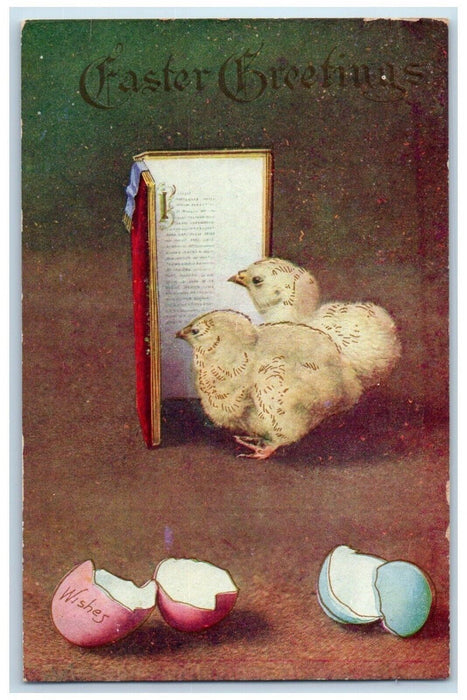 c1910's Easter Greetings Chicks Book Hatched Eggs Embossed Antique Postcard