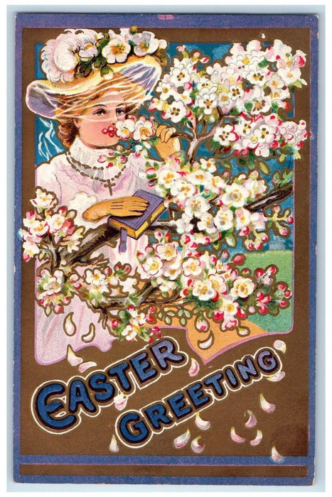 c1910's Easter Greetings Pretty Girl Smelling Flowers Embossed Antique Postcard
