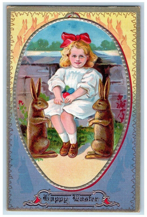 1911 Easter Girl Eggs And Bunny Rabbit Embossed Chambersburg PA Antique Postcard