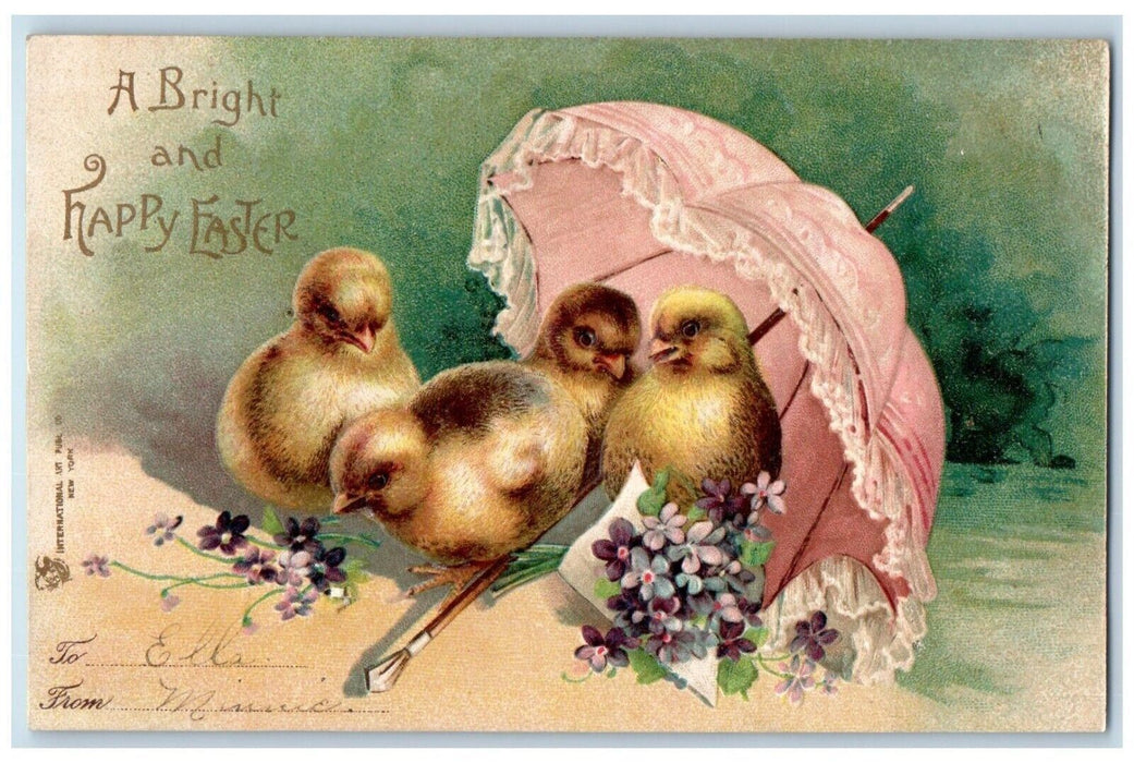 c1905 Easter Chicks Umbrella Pansies Flowers Embossed Unposted Antique Postcard