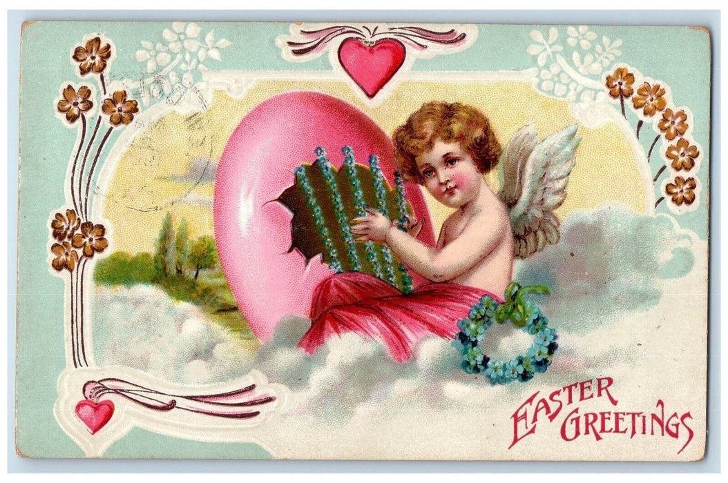 1908 Easter Greetings Angel Hatched Egg Pansies Flowers New Columbia PA Postcard