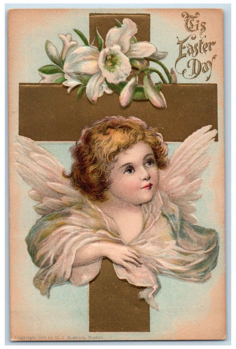 c1910's Easter Day Holy Cross Angel White Flowers Embossed Antique Postcard