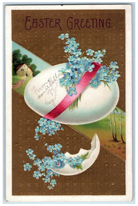 c1910's Easter Greetings Hatched Egg Pansies Flowers Embossed Antique Postcard