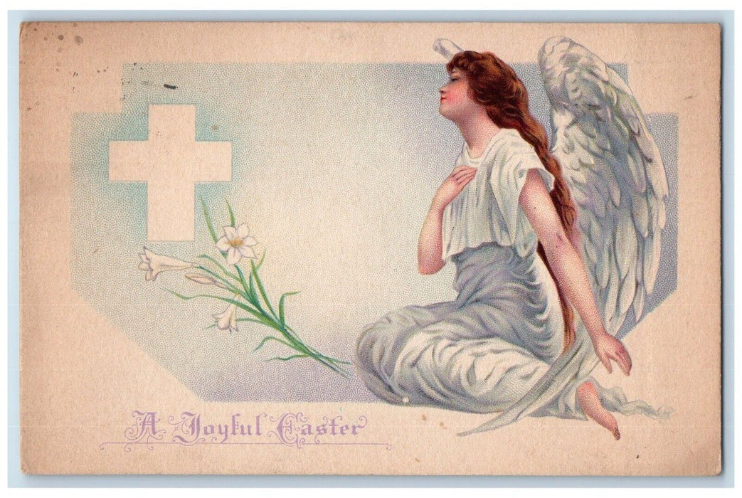 c1910's Joyful Easter Angel Holy Cross While Lily Flowers Antique Postcard