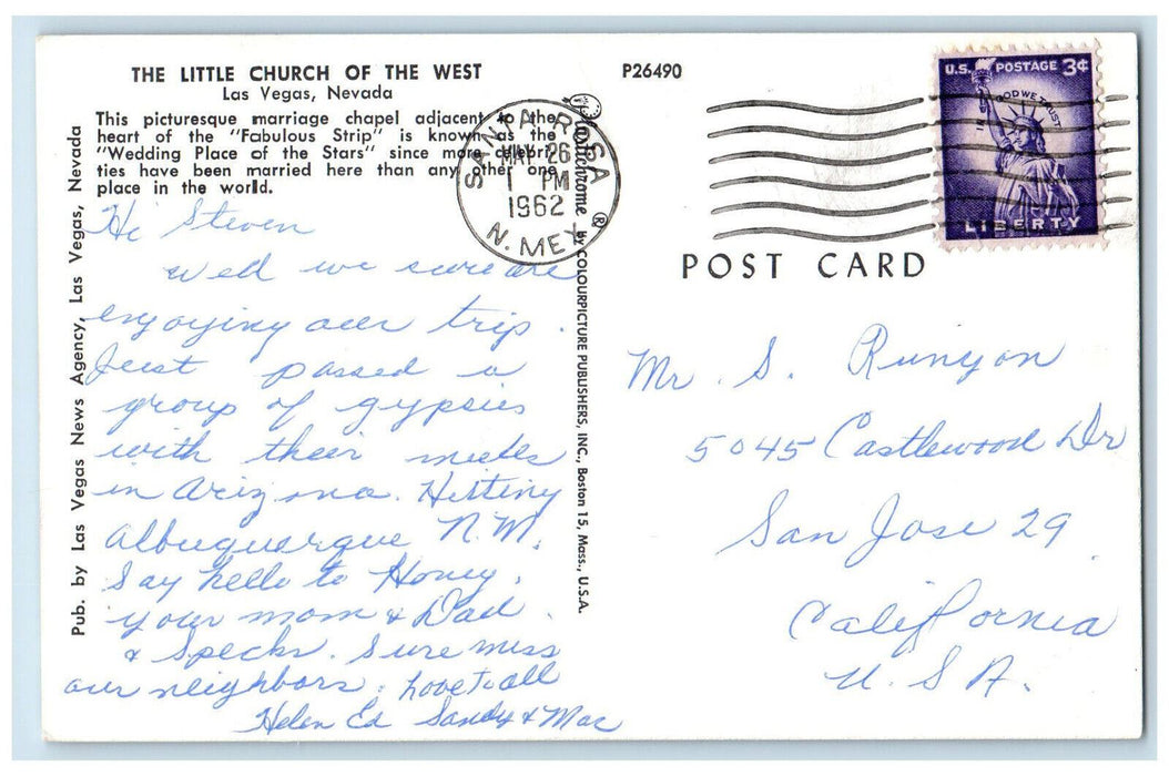 1962 The Wedding Place of the Stars Little Church of West Las Vegas NV Postcard