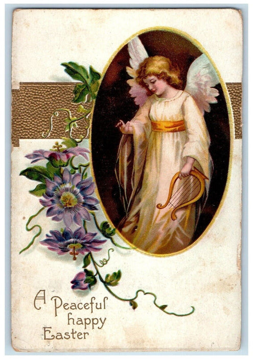 1911 Happy Easter Angel Lyre Purple Flowers Clapsaddle Embossed Antique Postcard