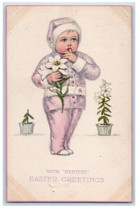 1919 Easter Greetings Little Girl Winter Suit Lily Flowers Antique Postcard