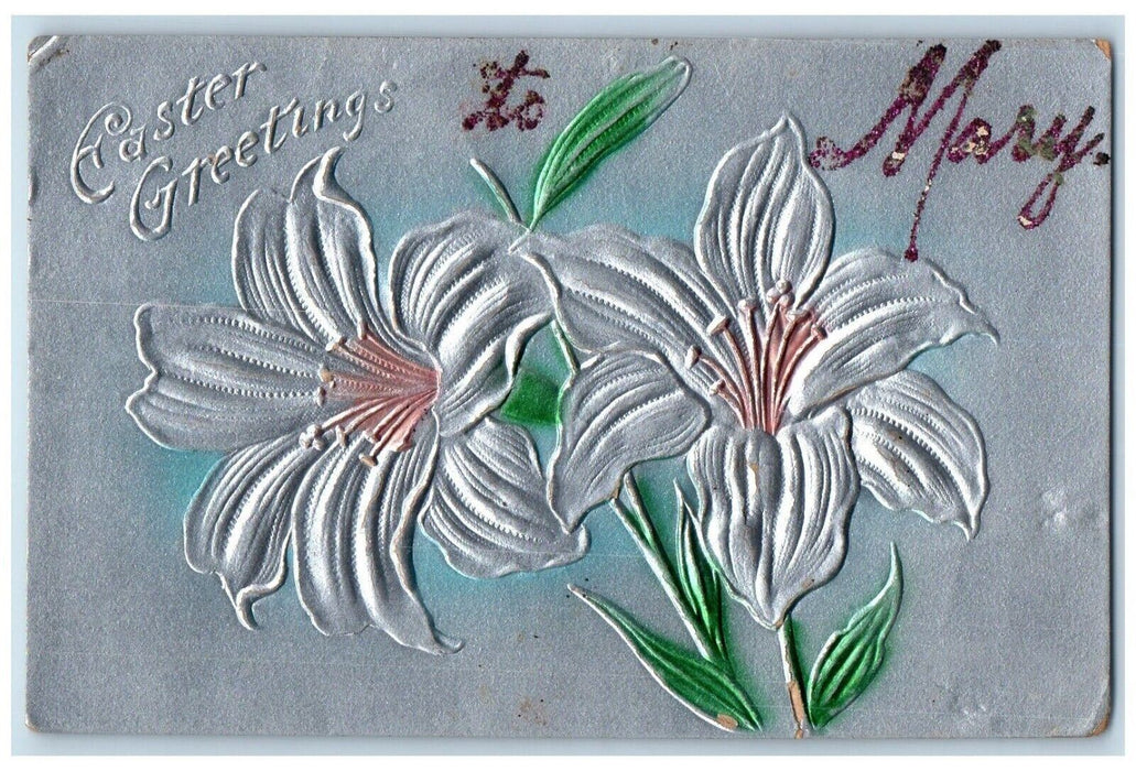 c1910's Easter Greetings White Lily Flowers Airbrushed Embossed Antique Postcard