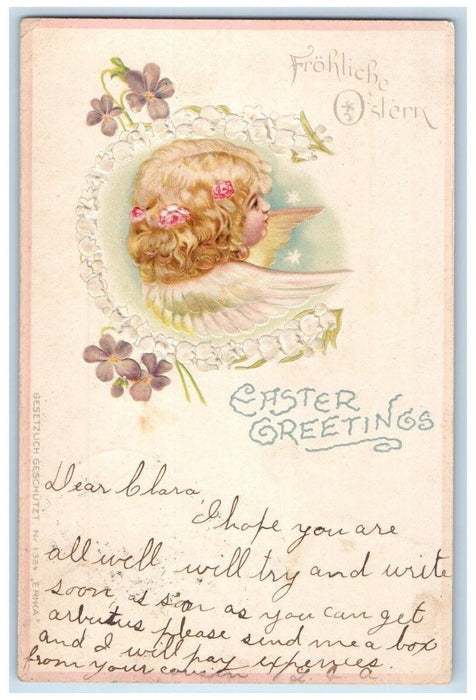 1906 Easter Greetings Angel Pansies Flowers Embossed Posted Antique Postcard