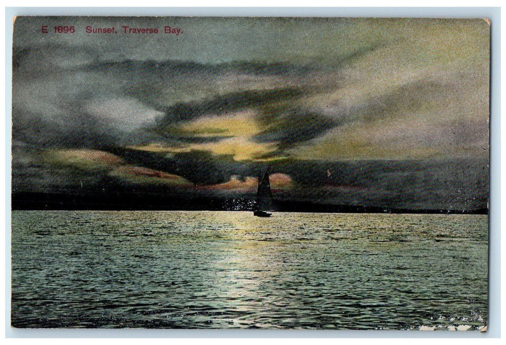 c1910 Sailboat on Sunset Traverse Bay Michigan MI Antique Unposted Postcard