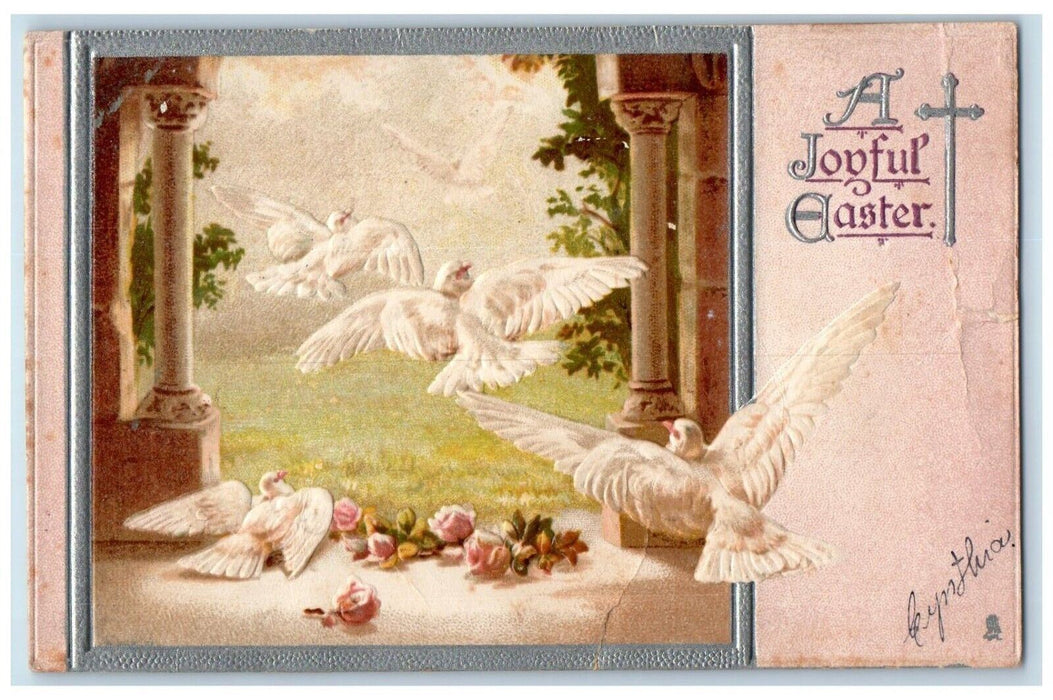 c1910's Joyful Easter Silver Holy Cross Dove Macedon New York NY Tuck's Postcard