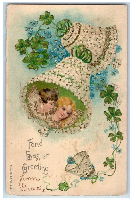 c1905 Easter Greetings Angels Ringing Bells Shamrock Pansies Flowers Postcard