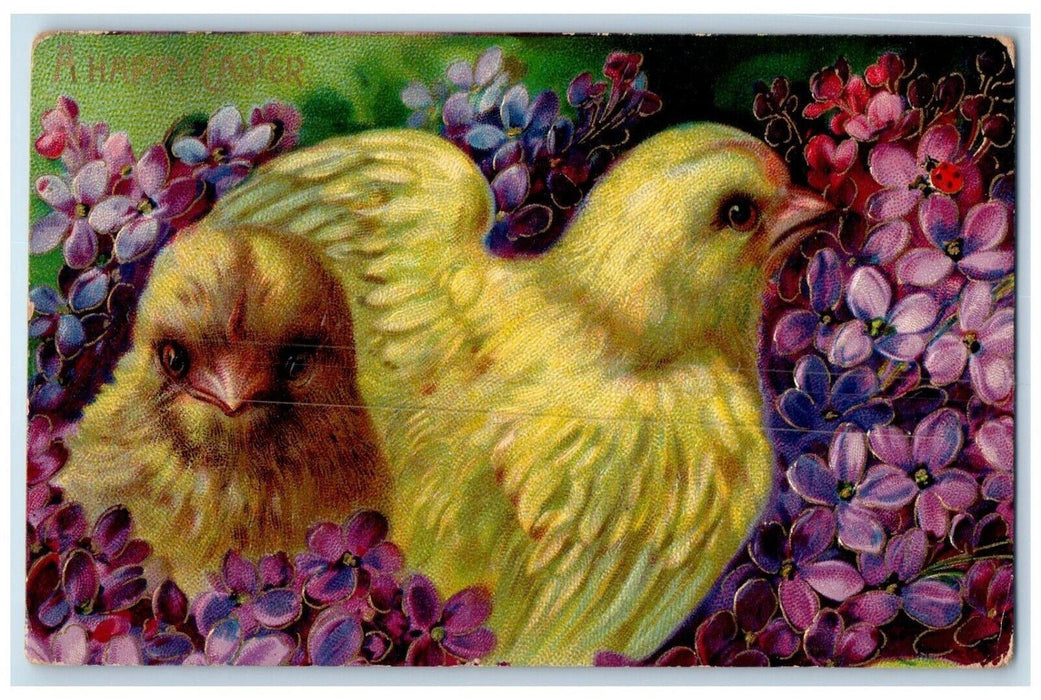 c1910's Happt Easter Big Chicks Pansies Flowers Embossed Antique Postcard