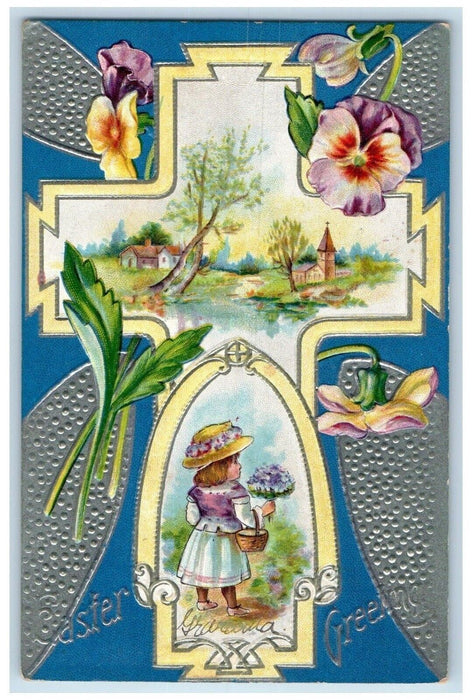 1910 Easter Greetings Holy Cross Girl Flowers Winsch Back Antique Postcard