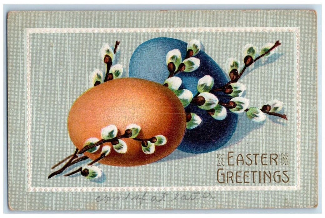 1910 Easter Greetings Eggs Pipe Berry Embossed Kelly Wyoming WY Antique Postcard