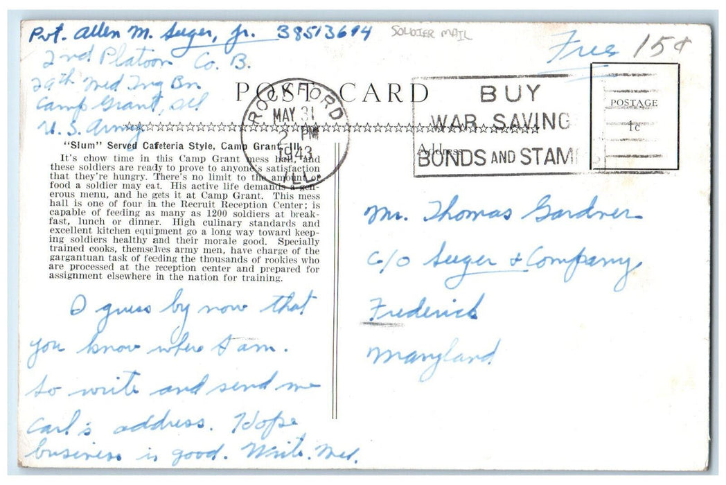 1943 "Slum" Served Cafeteria Style Camp Grant Illinois IL Soldier Mail Postcard