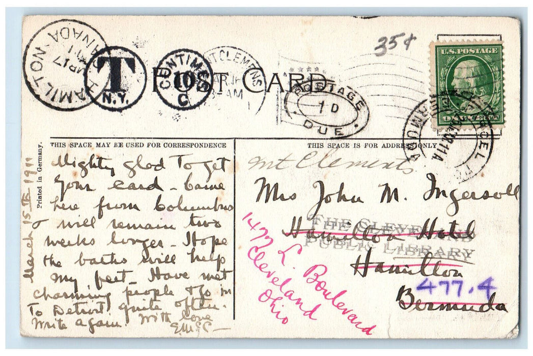 1911 Colonial Hotel Mt. Clemens Michigan MI Antique Postage Due 1D Postcard
