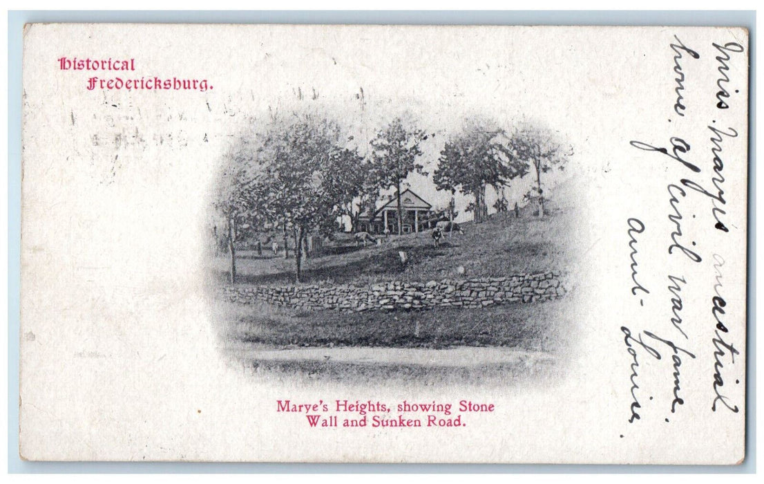 1903 Marye's Heights Stone Wall Historical Fredericksburg Maryland MD Postcard