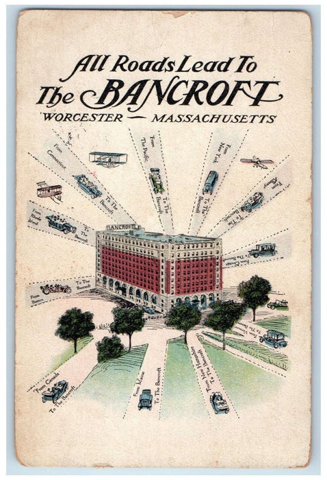 1918 Greetings All Roads Lead To Bancroft Worcester Massachusetts MA Postcard
