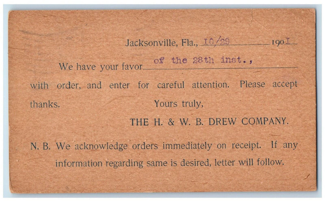 1901 The H.& W.B. Drew Company Jacksonville Florida FL PMC Antique Postcard