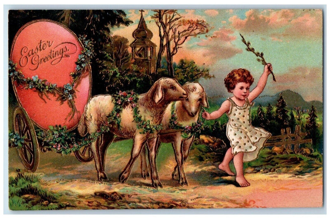 c1910's Easter Greetings Little Girl Sheep Pulling Wagon Egg Embossed Postcard