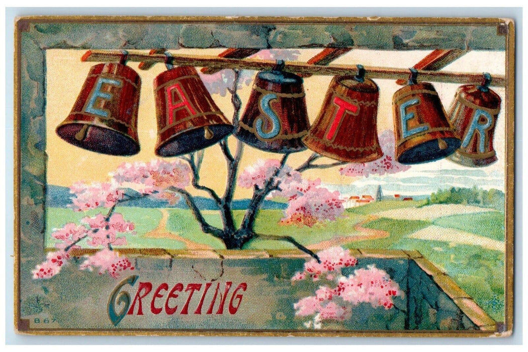 c1910's Easter Greeting Ringing Bells Blossom Tree Embossed Antique Postcard