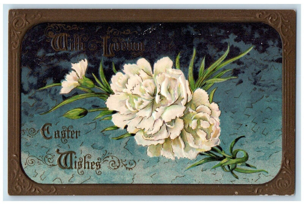 c1910's Easter Wishes White Flowers Embossed Unposted Antique Postcard