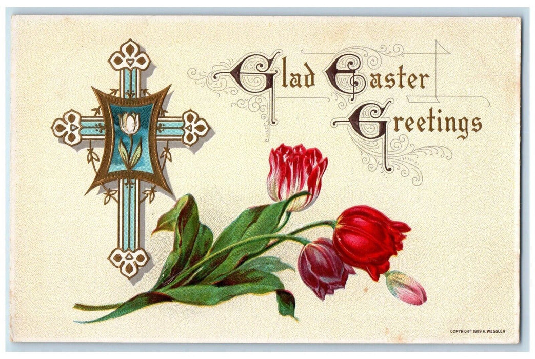 c1910's Easter Greetings Holy Cross Flowers H. Wessler Embossed Antique Postcard