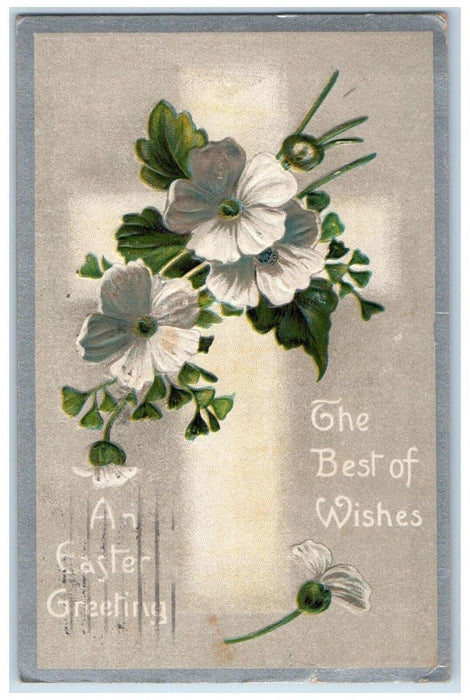 1910 Easter Greetings White Flowers Wisnch Back Embossed Antique Postcard
