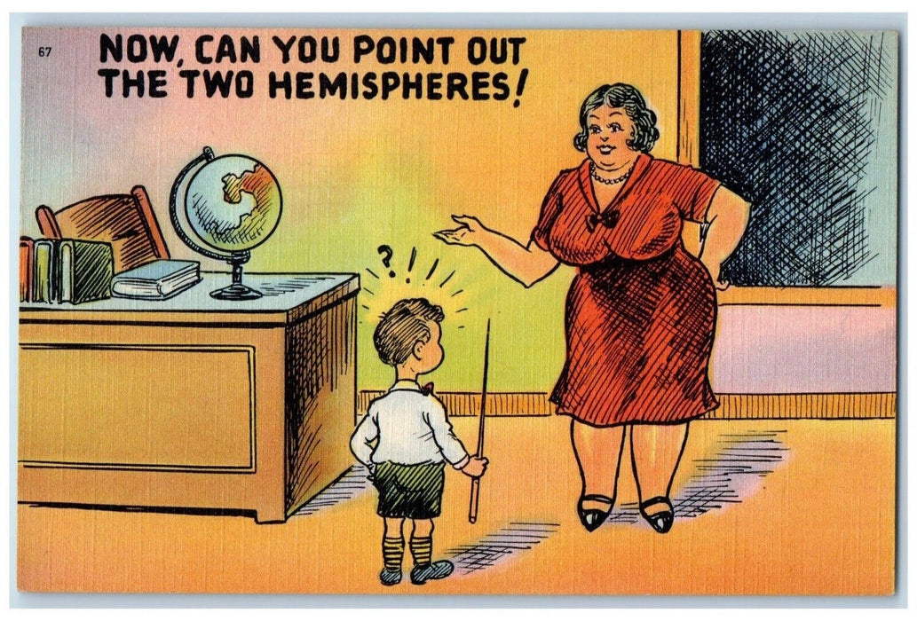 c1910's Fat Woman Teacher Point Out The Two Hemispheres Risque Humor Postcard