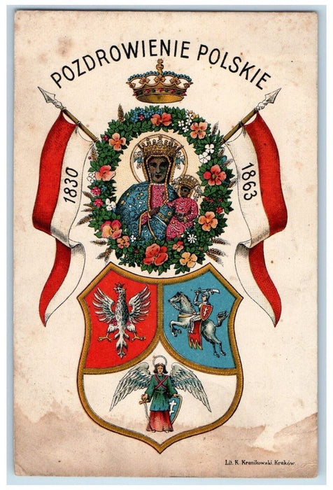 c1910's Polish Greetings Crest Seal Pozdrowienie Polskie Flag Antique Postcard