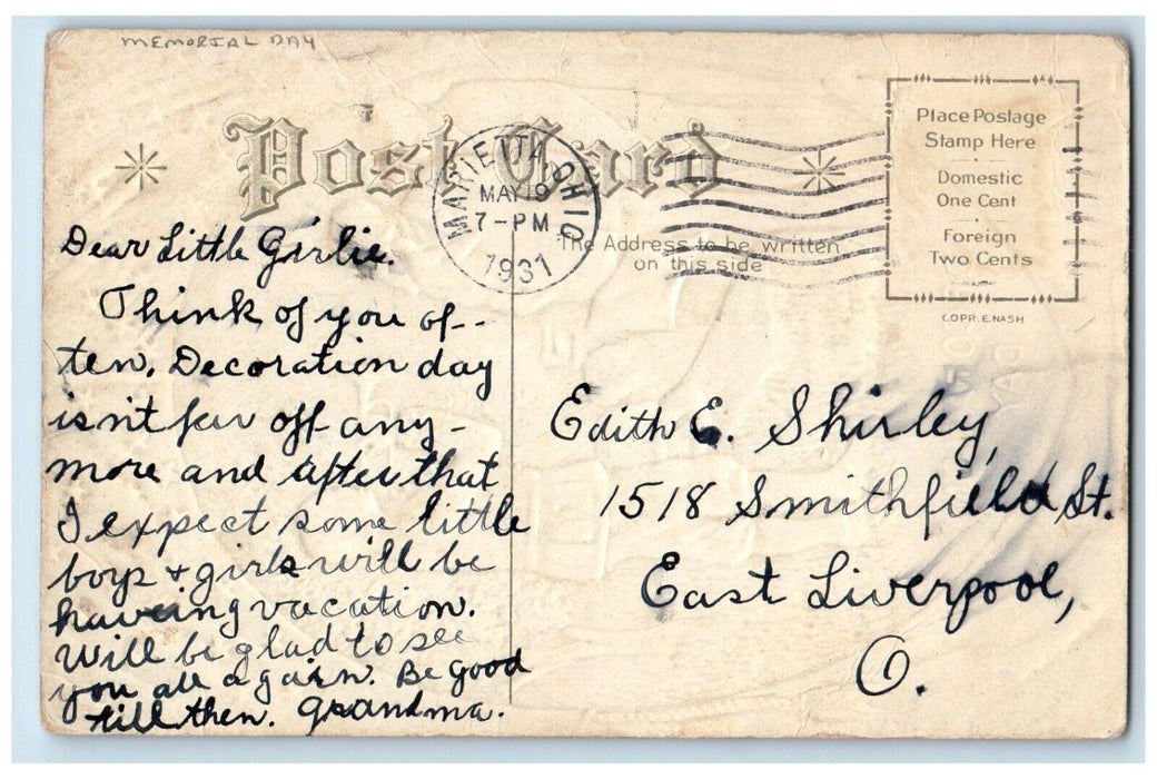 1931 Decoration Memorial Day Trumpet Tomb Embossed Nash Marrieta OH Postcard