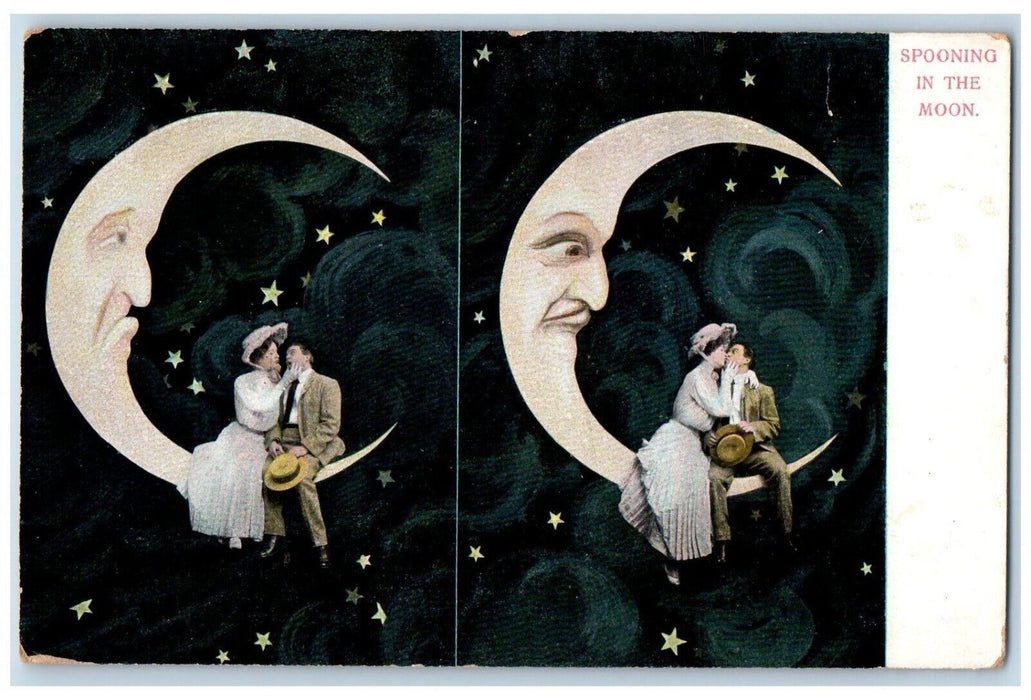 c1910's Anthropomorphic Couple Crescent Spooning In The Moon Antique Postcard